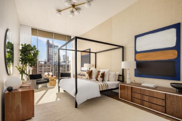 Interior of a bedroom inside the penthouse. 