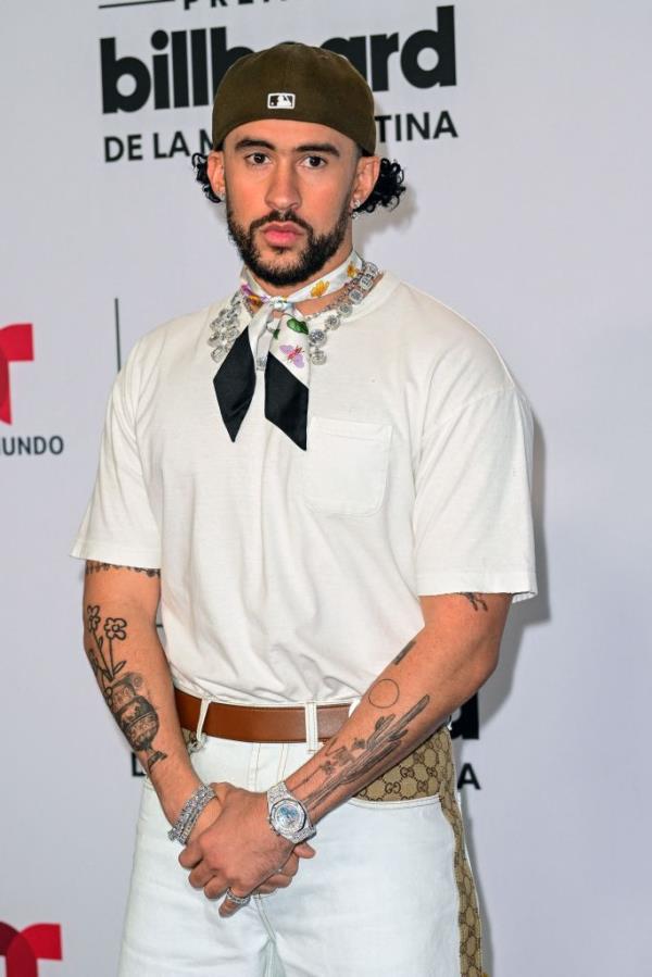 Puerto Rican singer Bad Bunny arrives for the Billboard Latin Music Awards at the Watsco Center in Miami, Florida.