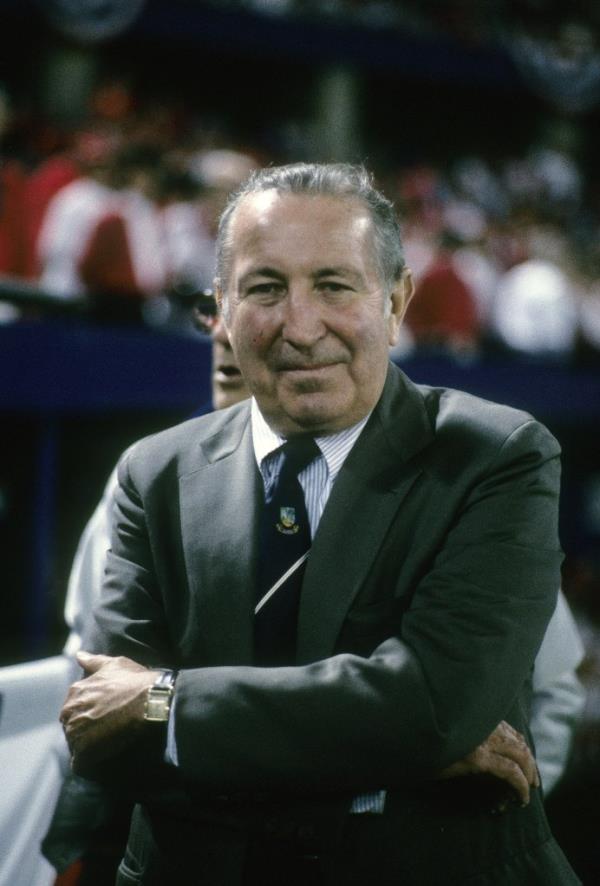 Charles "Chuck" Feeney passed away on Mo<em></em>nday age 92. (Feeney pictured in October 1985 at the World Series game. At the time, Feeney was the President of American League of Professio<em></em>nal ba<em></em>seball.)