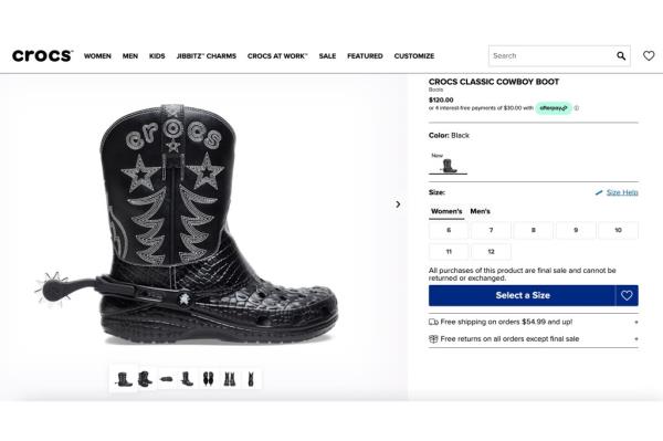 The boots will go on sale on Croc Day, Oct. 23, for $120. The design boasts a first-of-its-kind detachable charm, or Jibbitz, that's a spin-able spur for the heel strap of the boot.