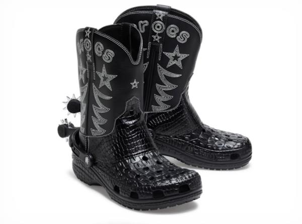 New boot goofin'! Crocs unveiled the Classic Cowboy Boot, complete with shiny black Crocskin texture true to the company's clog-like shoes and Western-inspired embroidery.